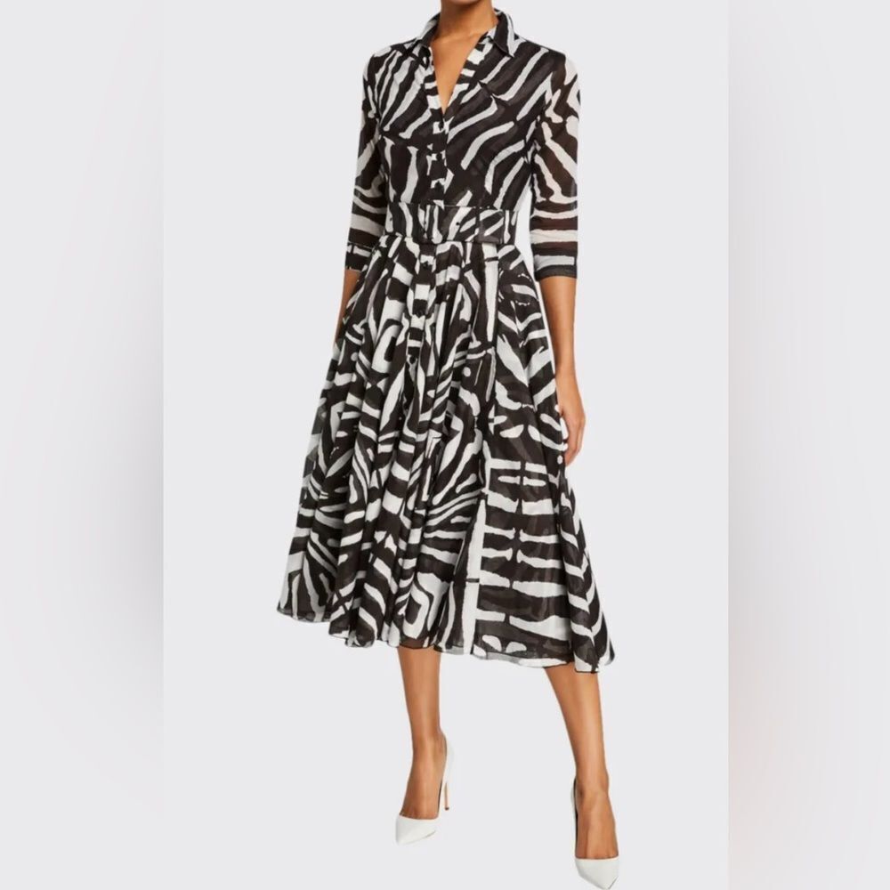 SAMANTHA SUNG Aster Zebra Pony 3/4-Sleeve Button Front Big Musola Midi Dress 4 S